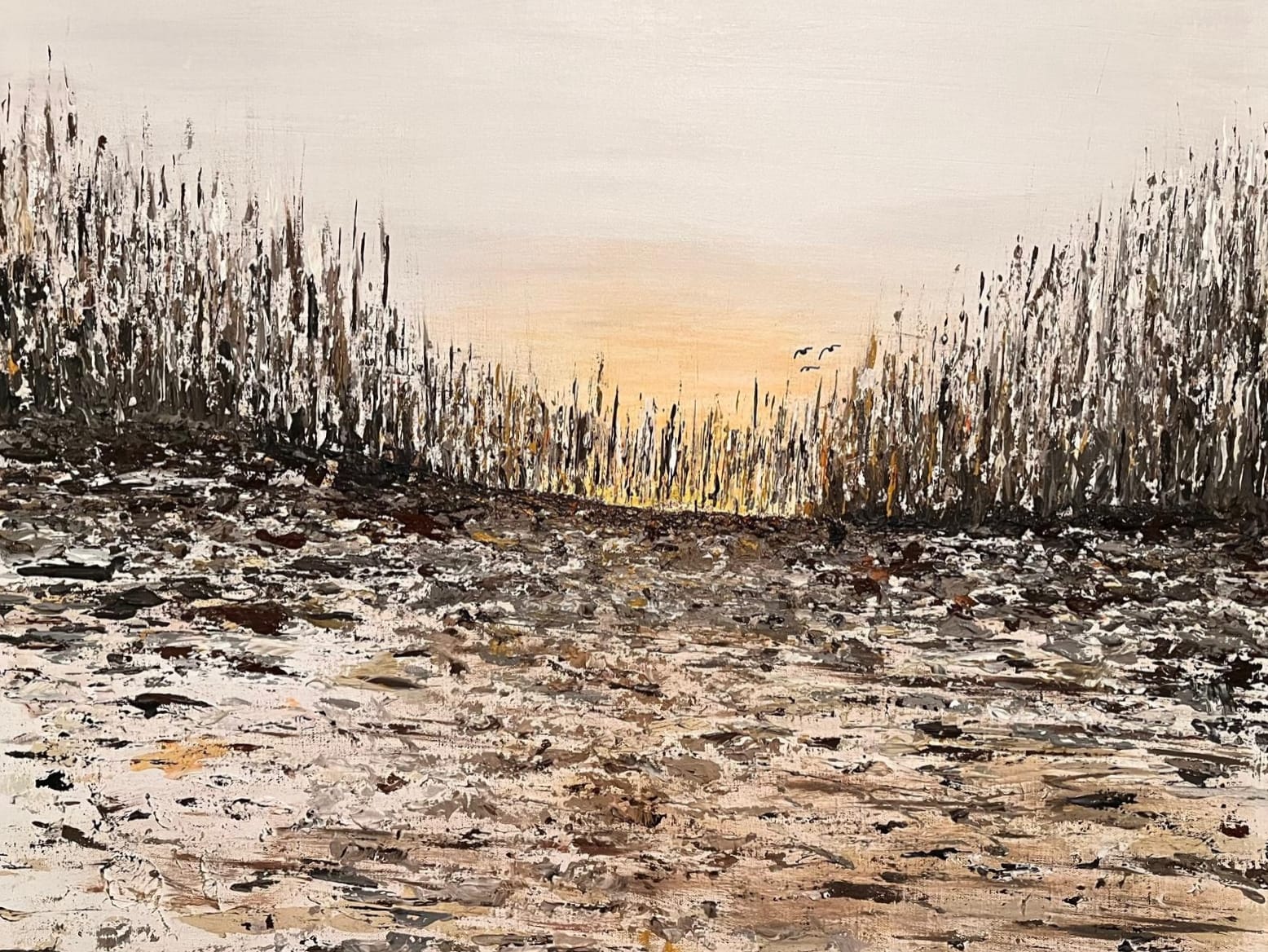 Marita Polvi-Lohikoski, Aamusella, 2025-2026, sekatekniikka, akryyli ja tekstuuria, 60x73, lähtöhinta 200 €