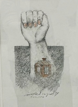 Matti Alapoti, Puolesta, 2019, lyijy- ja värikynätekniikka, 53x43 kehystettynä, kehystys Kehysliike Malkki, lähtöhinta 400 €